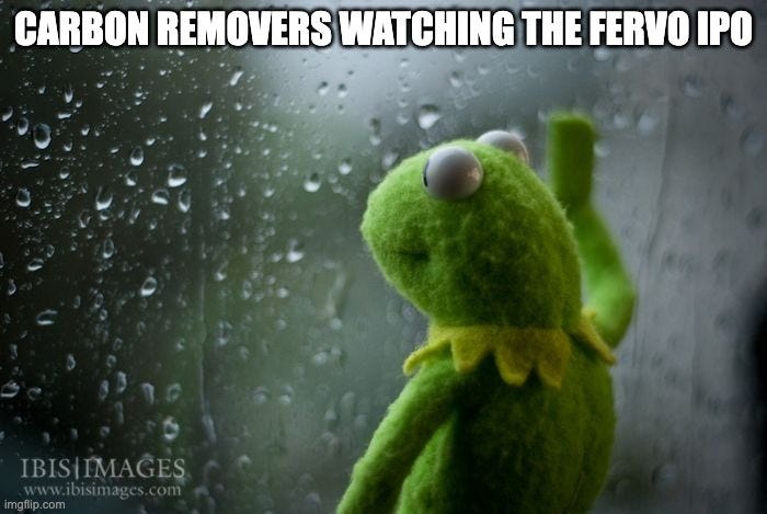 Kermit the Frog gazing wistfully out of a rain-streaked window, captioned "Carbon removers watching the Fervo IPO."