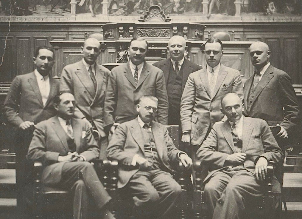 Lviv mathematicians together with Ernst Zermelo, 1929. (L to R) Sitting: H. Steinhaus, E. Zermelo, S. Mazurkiewicz. Standing: K. Kuratowski, B. Knaster, S. Banach, W. Stożek, E. Żyliński and S. Ruziewicz. Lviv mathematicians together with Ernst Zermelo, 1929. (L to R) Sitting: H. Steinhaus, E. Zermelo, S. Mazurkiewicz. Standing: K. Kuratowski, B. Knaster, S. Banach, W. Stożek, E. Żyliński and S. Ruziewicz.