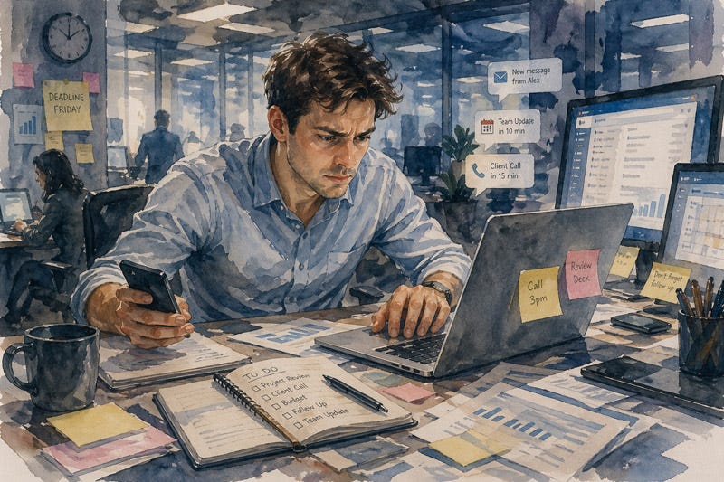Overstimulated introvert multitasking at a cluttered desk, surrounded by digital noise—struggling to maintain clarity and focus.