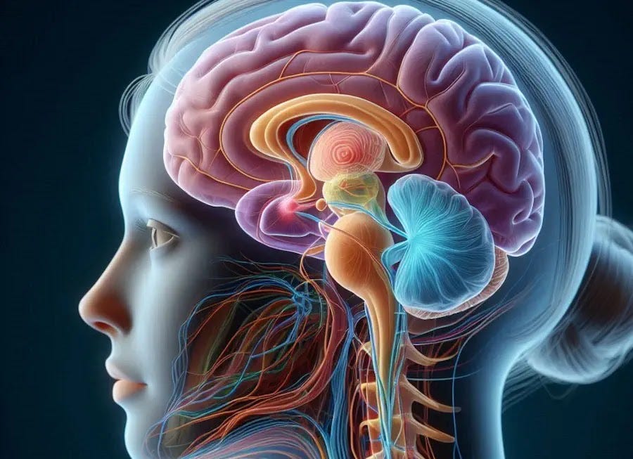 AI illustrates the brain's wakefulness network, the brainstem, thalamus, hypothalamus, basal forebrain, and cerebral cortex.