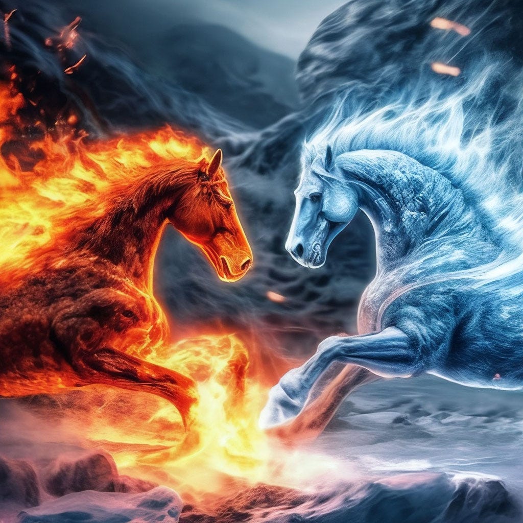 The battle of two horses, on the right side of the fire horse on the left …" — image created in Shedevrum The battle of two horses, on the right side of the fire horse on the left …" — image created in Shedevrum