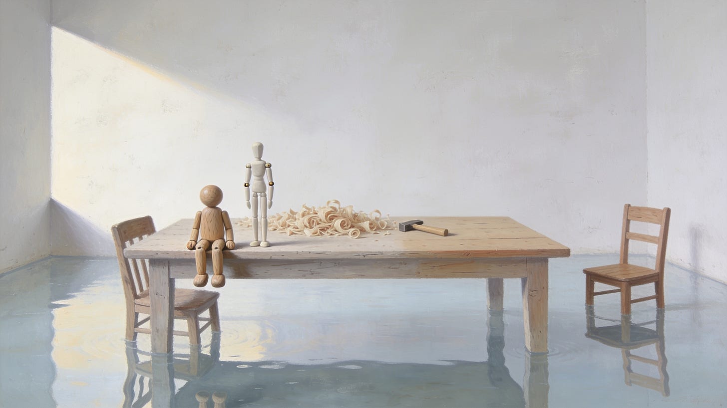 PreviewPreviewGenerated imageA pale empty room, its floor a still sheet of shallow water. A plain wooden table stands at an angle. One half of the tabletop is banked with wood shavings, a small hand tool, and two little unpainted wooden figures, one round and one jointed. The other half is bare. A chair is tucked in on the worked side. Across the table, a second chair stands pushed well back, empty. PreviewPreviewGenerated imageA pale empty room, its floor a still sheet of shallow water. A plain wooden table stands at an angle. One half of the tabletop is banked with wood shavings, a small hand tool, and two little unpainted wooden figures, one round and one jointed. The other half is bare. A chair is tucked in on the worked side. Across the table, a second chair stands pushed well back, empty.