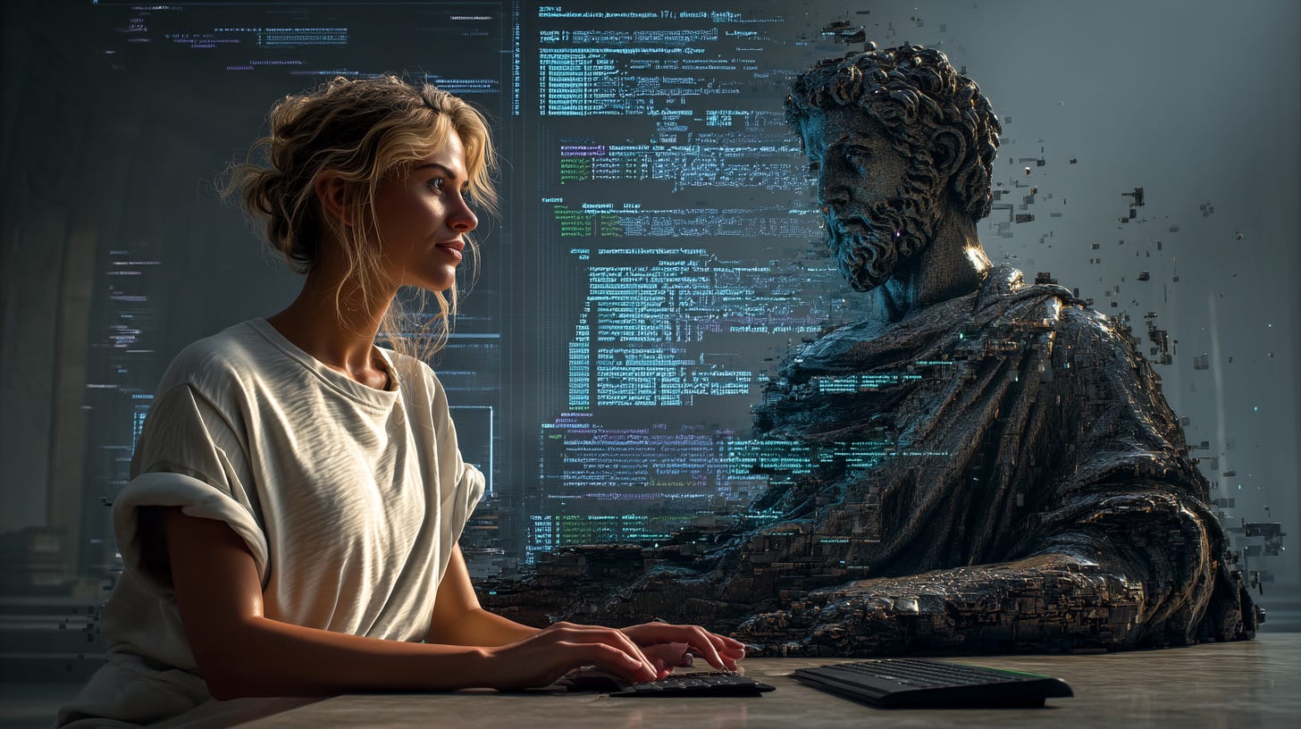  developer sitting at a minimalist desk with dual monitors displaying code, one hand on keyboard, the other hand open and relaxed in a gesture of acceptance, behind them a massive classical Roman statue of Marcus Aurelius partially dissolved