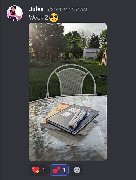 pictures of the author and friends sending updates on discord when they were going through chapters of The Artists Way