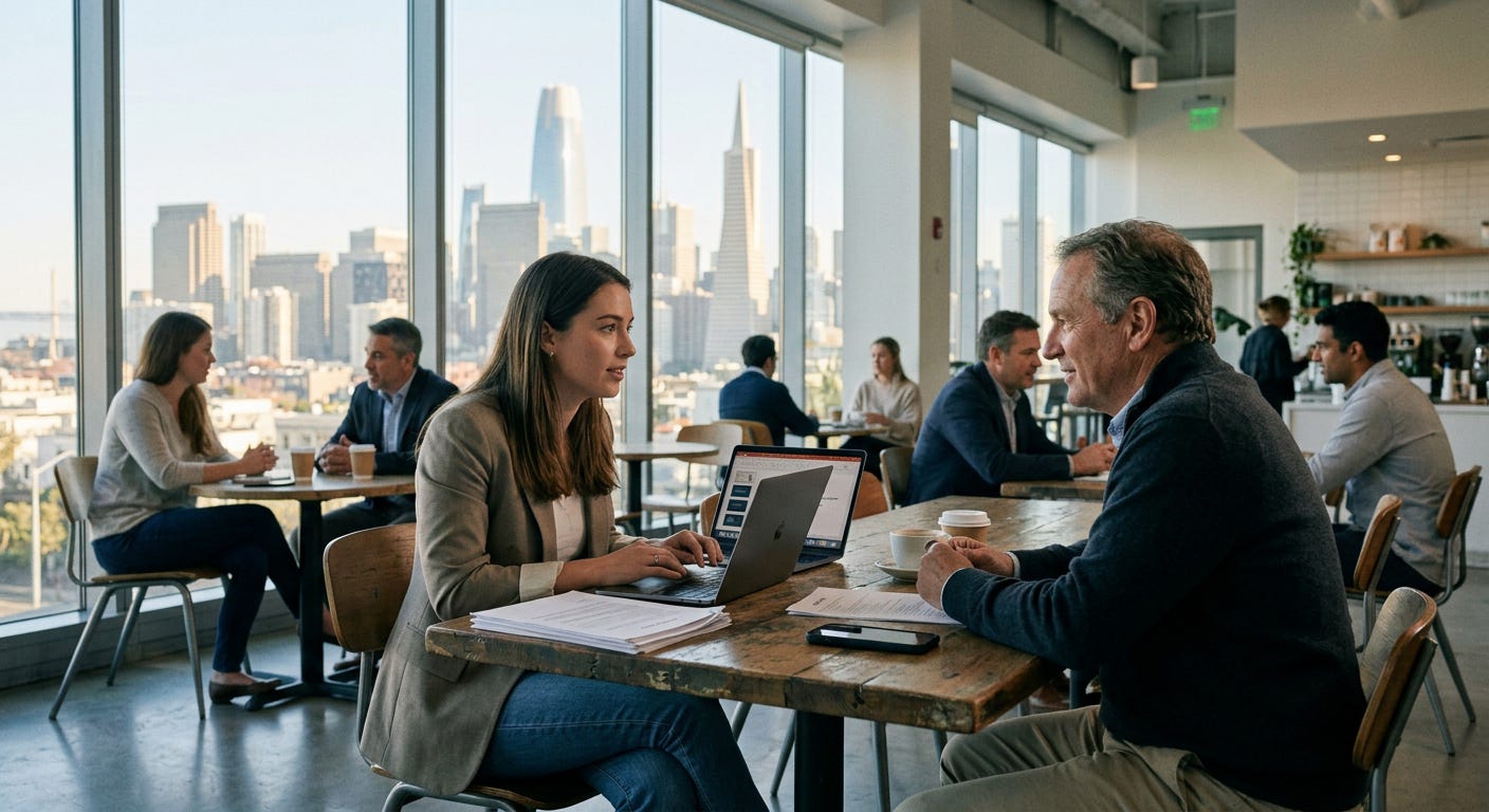 Startup founder meeting investor in San Francisco cafe Startup founder meeting investor in San Francisco cafe