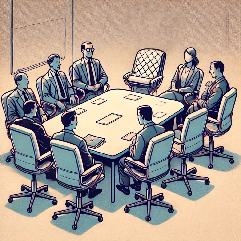 An illustration of a small corporate meeting room with a few executives seated around a modest-sized table. One chair is conspicuously empty, blending seamlessly into the back wall to make it look less noticeable while still subtly emphasizing its absence. The setting is a modern, professional office with soft lighting and minimal decor. The other executives appear engaged but subtly aware of the empty seat, adding a touch of intrigue or tension to the scene.