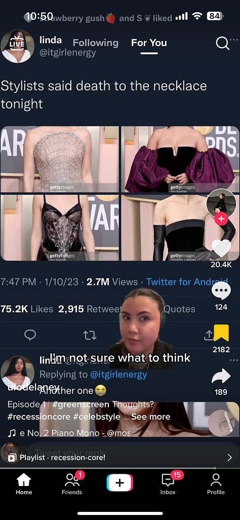 Tiktok commentators and digital culture writers discuss #recessioncore and lack of jewellery on red carpets