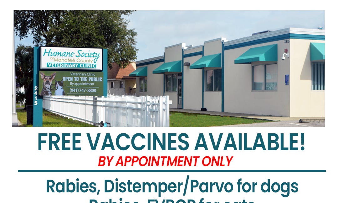Humane Society of Manatee County Offering Free Pet Vaccines by Appointment
