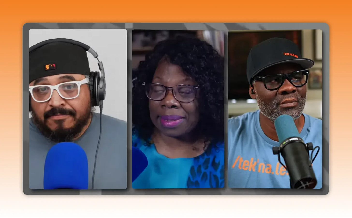 Podcast hosts speaking into microphones during a discussion about amplifying real connection Podcast hosts speaking into microphones during a discussion about amplifying real connection