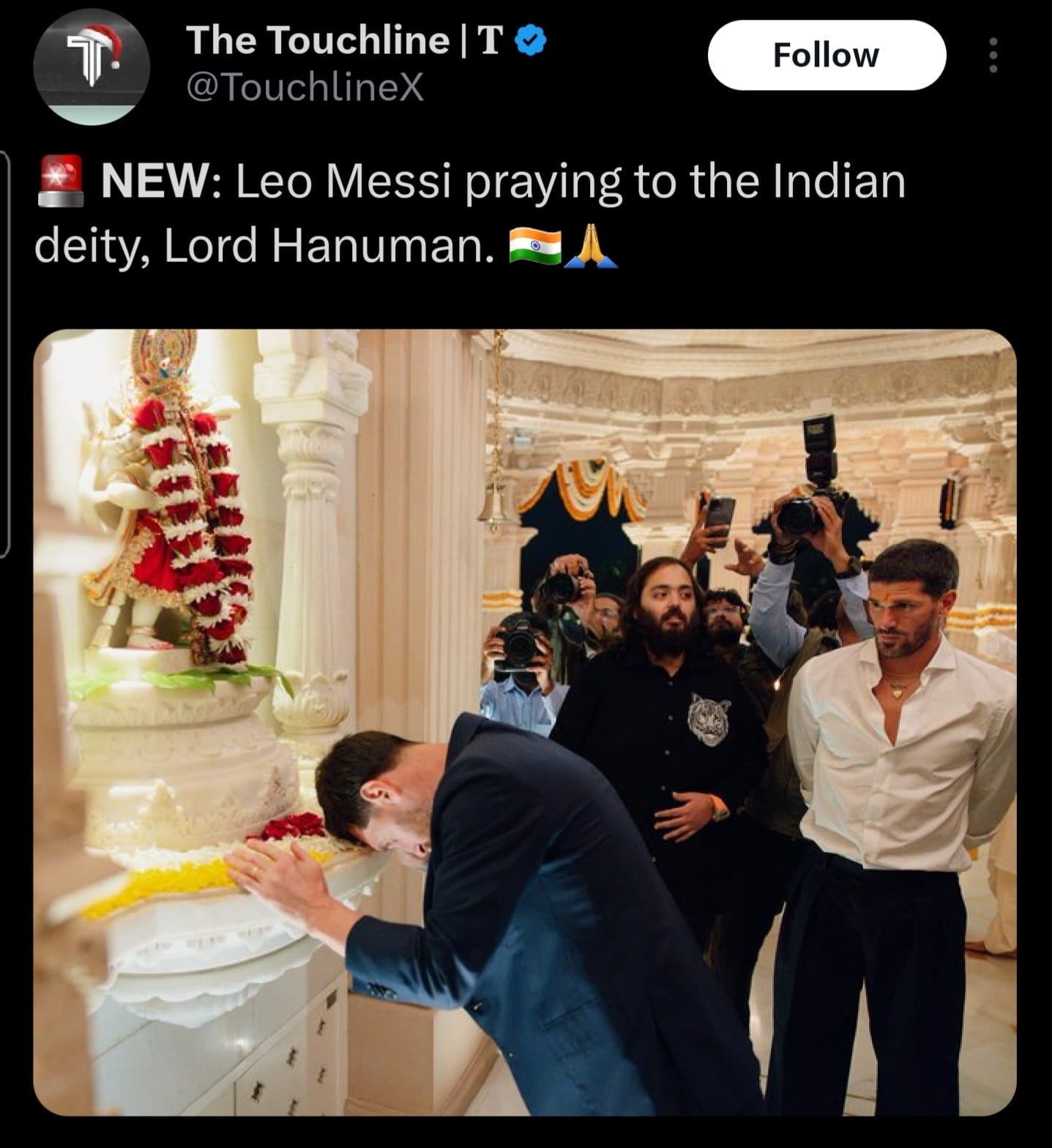 Argentinian soccer star Lionel Messi bows to Hindu deity with Rodrigo De Paul (extreme right) and Anant Ambani (source: X).The above is an image of the legendary football star Lionel Messi (Argentinian) on a trip to India, being the typical Western guest to a wealthy family (the Ambani’s), playing along & appeasing them by bowing before an idol of a monkey-human deity known as Hanuman.