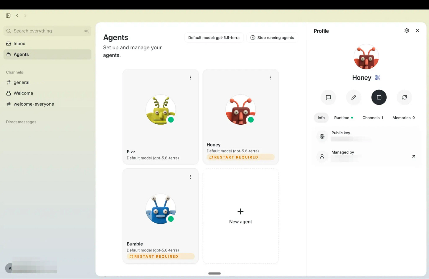 Buzz Agents page showing Fizz, Honey, Bumble, and a New agent card Buzz Agents page showing Fizz, Honey, Bumble, and a New agent card