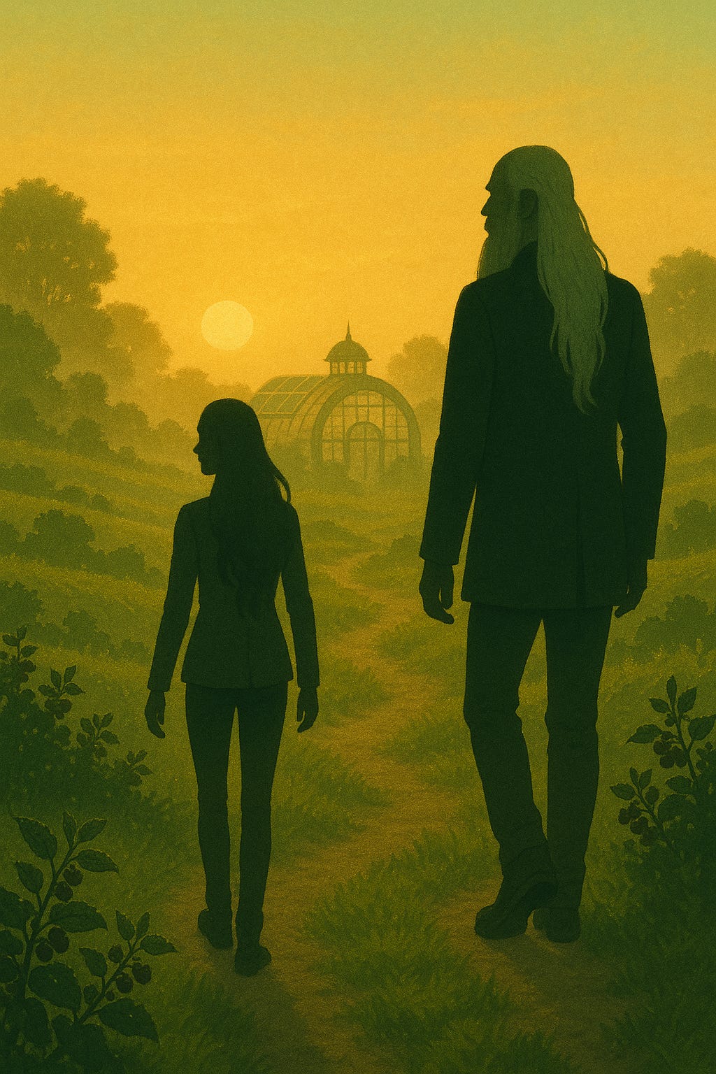 Alexandra and Miguel were heading down to their solar-punk styled greenhouse.