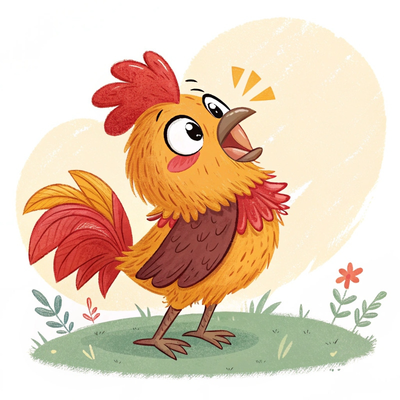 a colourful illustration of a super cute baby rooster. He looks comical, trying to puff up his chest and crow.