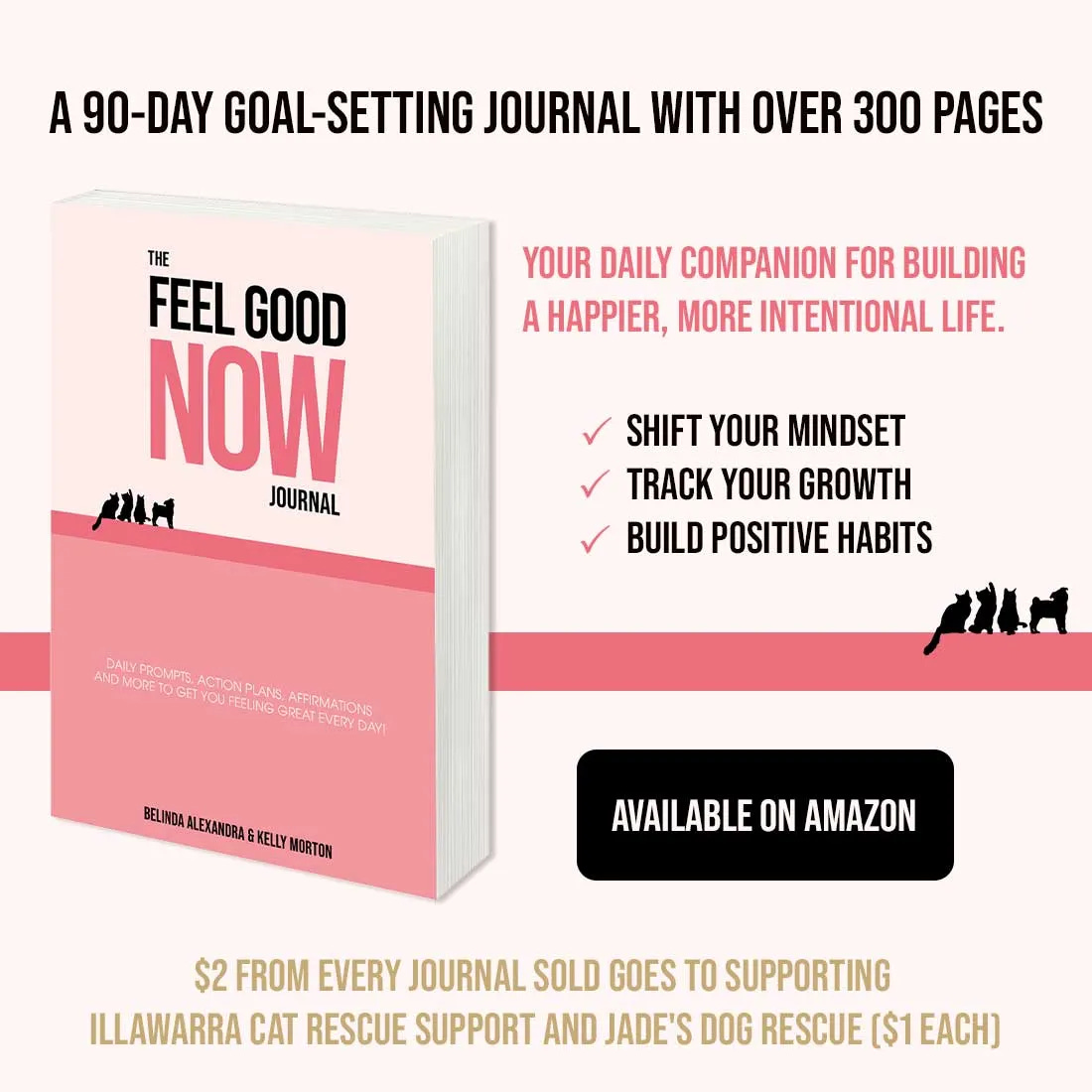 A 90-DAY GOAL-SETTING JOURNAL WITH OVER 300 PAGES  YOUR DAILY COMPANION FOR BUILDING A HAPPIER, MORE INTENTIONAL LIFE.  - SHIFT YOUR MINDSET  - TRACK YOUR GROWTH  - BUILD POSITIVE HABITS  AVAILABLE ON AMAZON $2 FROM EVERY JOURNAL SOLD GOES TO SUPPORTING ILLAWARRA CAT RESCUE SUPPORT AND JADE'S DOG RESCUE ($1 EACH)