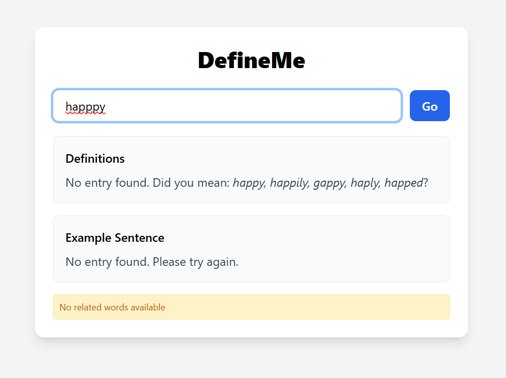 DefineMe input showing a term with no results and empty definition/example panels.