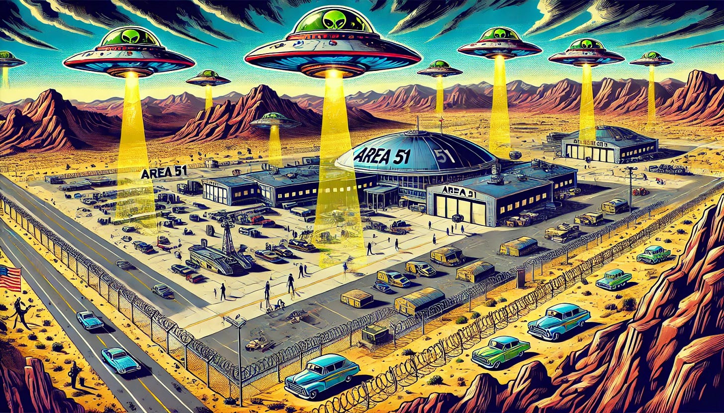 an image using a comic book, pulp fiction style, an aerial view of the area 51 base with alien spaceships