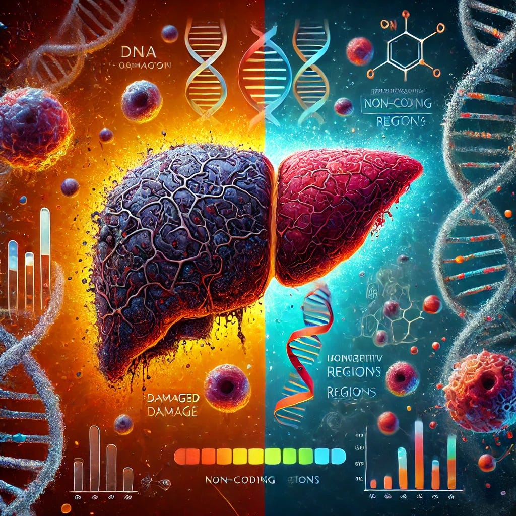 An illustration representing the concept of aging in the liver due to DNA damage. The image should depict a symbolic representation of liver cells with visible DNA strands, highlighting the accumulation of damage in non-coding regions. The left side of the image shows damaged liver cells with a dark and deteriorating look, symbolizing aging, while the right side shows healthier liver cells with a vibrant and regenerative appearance. Include visual elements that symbolize DNA replication and cellular aging, using contrasting colors to depict damaged versus healthy cells. The setting should have a scientific and medical theme, emphasizing research and hope for slowing aging.