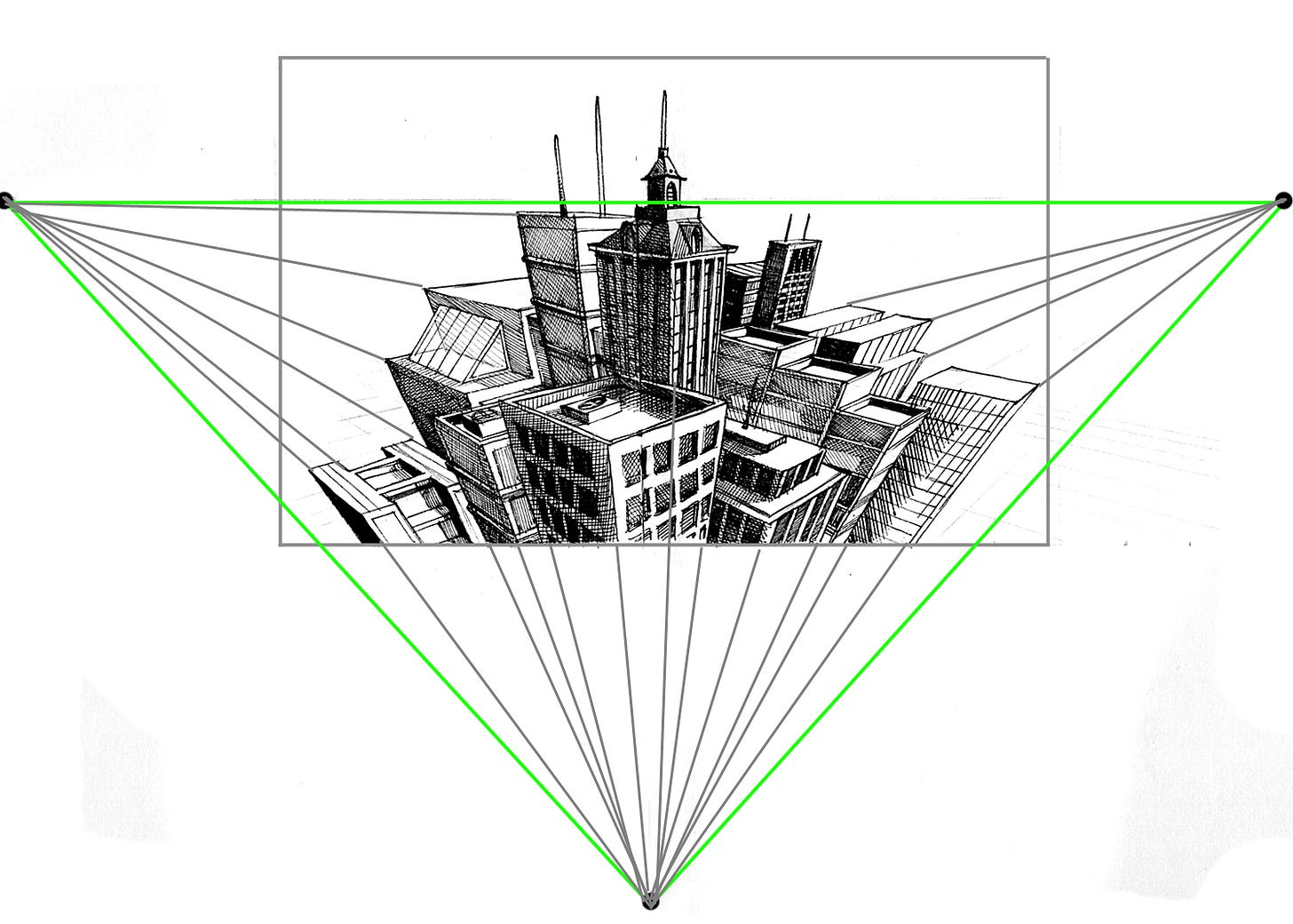 3 Point Perspective Diagram with Cityscape in Center