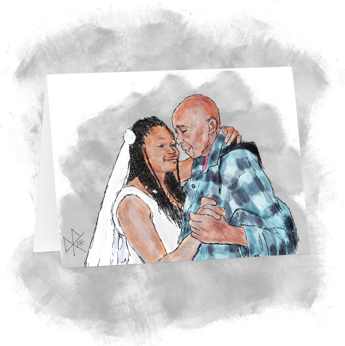 The bride dances at her wedding with her uncle, who became her foster-dad when his sister could not take care of her four year old girl (biological father unknown). Sketch art by Don Rice.
