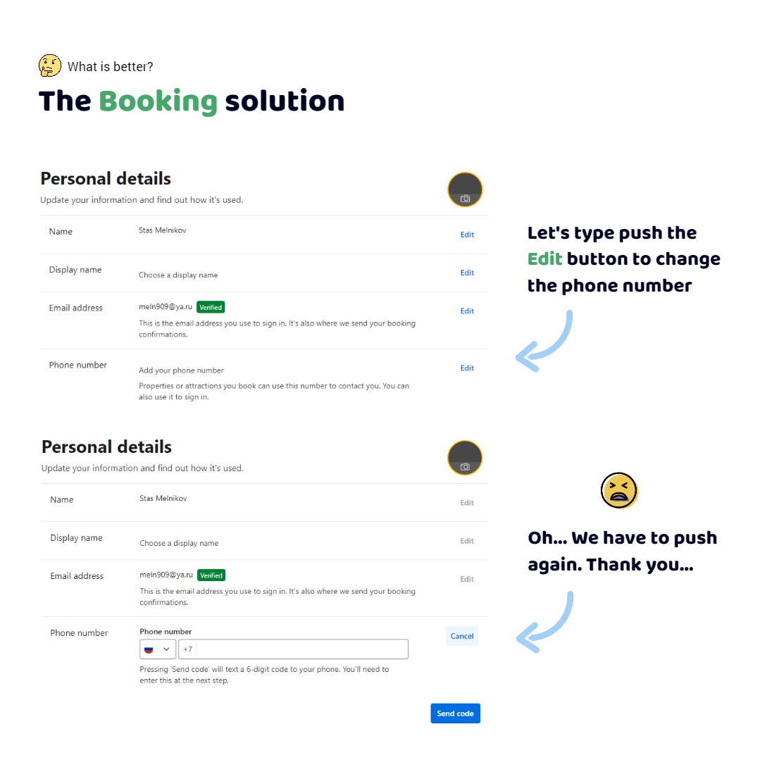 The Booking app. I need to edit the phone number. I press the "Edit" button. Well, damn it. I need to press more in the text field