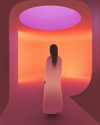 illustrated depiction of a woman in a dreamy hallway setting