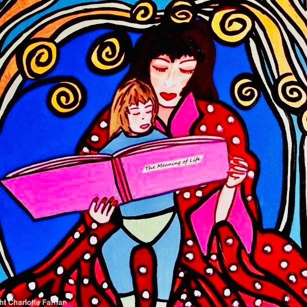 Painting of a mother and a child reading a book "The Meaning of Life"