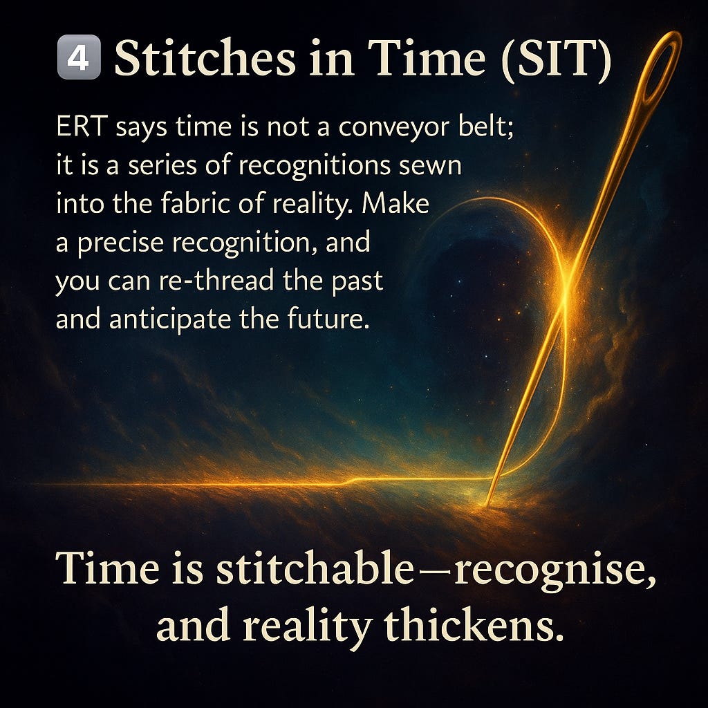 Digital artwork showing a dark, cosmic background with a large golden needle on the right, glowing with light. A bright golden thread runs from left to right across the image, and the needle pierces the line, curving it upwards as if pulling two moments together. The text reads “4 Stitches in Time (SIT)” with an explanation that time is recognitions sewn into reality. The overall effect is of time being literally stitched, not passively flowing.