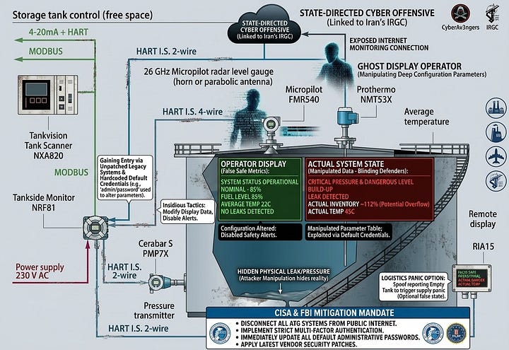 A joint federal advisory from CISA and the FBI reveals a state-directed cyber offensive linked to Iran's Islamic Revolutionary Guard Corps. Threat actors utilize the "Ghost Display" doctrine to infiltrate Automatic Tank Gauges across critical U.S. sectors. This gallery illustrates how attackers manipulate operational technology to feed false safety metrics to facility staff while masking physical dangers, such as chemical leaks and dangerous pressure build-ups.