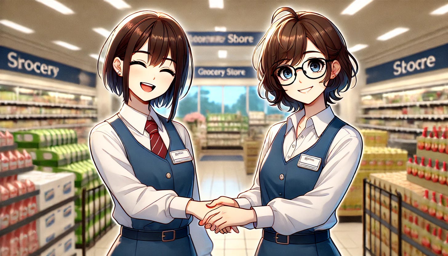 An anime-style image featuring two different Japanese women in their 20s with short hair and glasses, dressed in store employee uniforms, standing inside a grocery store. They are standing side by side, shaking hands and looking happy and excited to symbolize a joyful partnership and collaboration. The image is in a wide format. No logos are present.