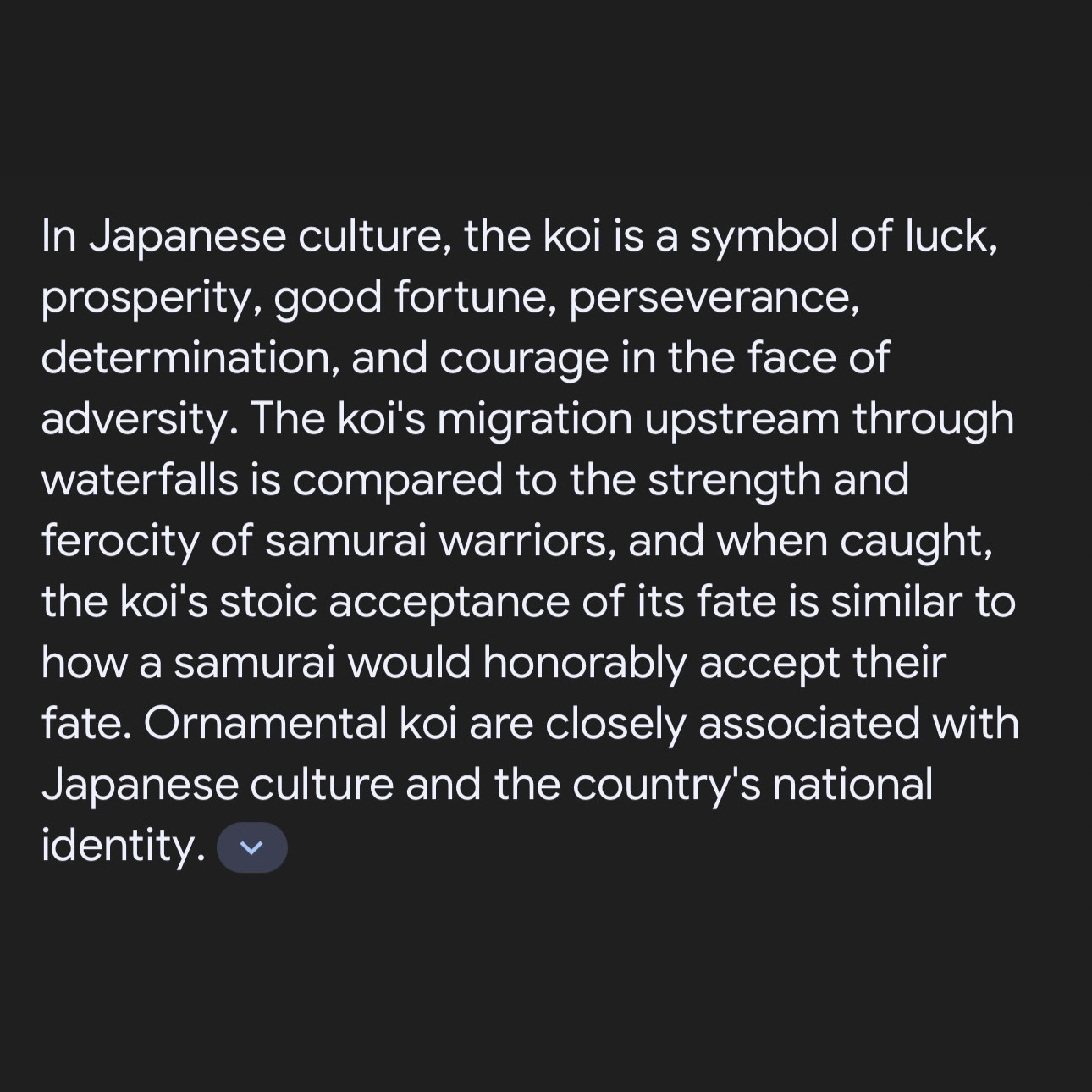 In Japanese culture, the koi is a symbol of luck, prosperity, good fortune, perseverance, determination, and courage in the face of adversity. The koi’s migration upstream through waterfalls is compared to the strength and ferocity of samurai warriors, and when caught, the koi’s stoic acceptance of its fate is similar to how a samurai would honourably accept their fate. 