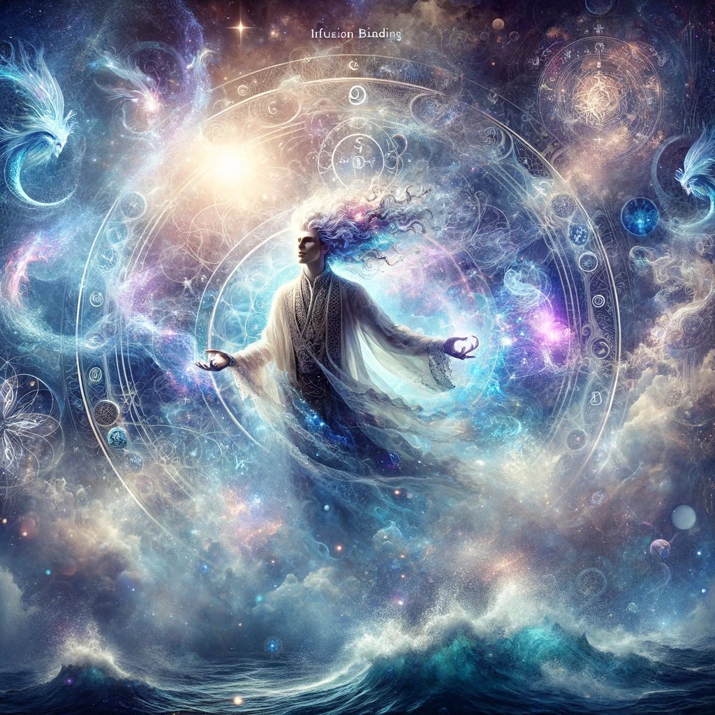 DALL·E 2024-01-04 02.57.50 - An enchanting and mystical scene depicting the 'Siren's Call' infusion binding. The focus is on an individual surrounded by a captivating aura of Sire