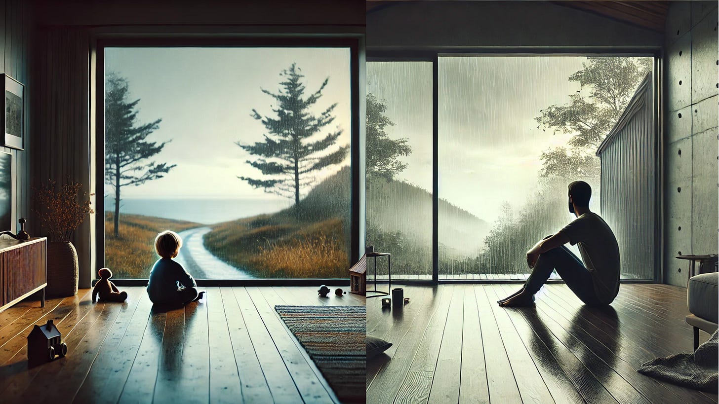 Man sitting looking out into the rain