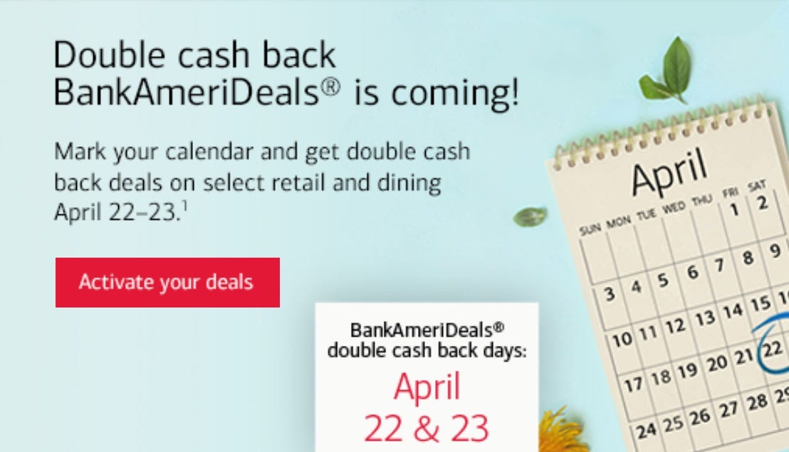 BankAmeriDeals double cashback April 22-23, 2022