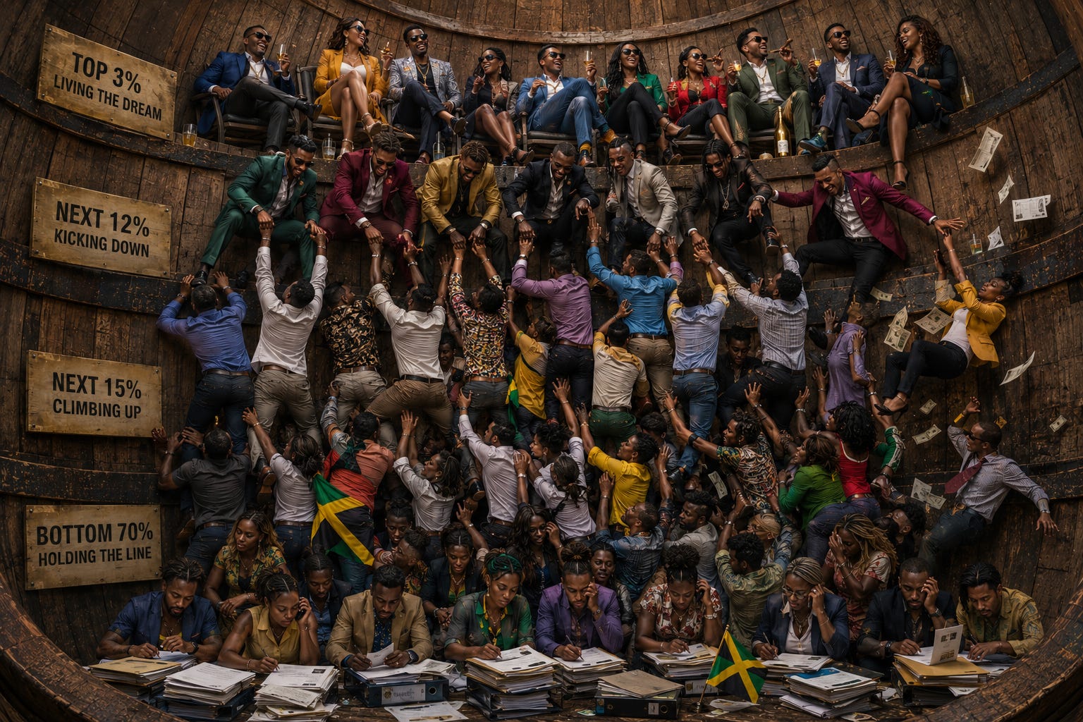A dramatic illustration inside a giant wooden barrel showing layers of real estate professionals. At the bottom, agents sit among piles of paperwork while others climb over one another toward the top. Some pull colleagues downward while a small group of successful agents relax near the rim of the barrel under warm light streaming from above. A dramatic illustration inside a giant wooden barrel showing layers of real estate professionals. At the bottom, agents sit among piles of paperwork while others climb over one another toward the top. Some pull colleagues downward while a small group of successful agents relax near the rim of the barrel under warm light streaming from above.