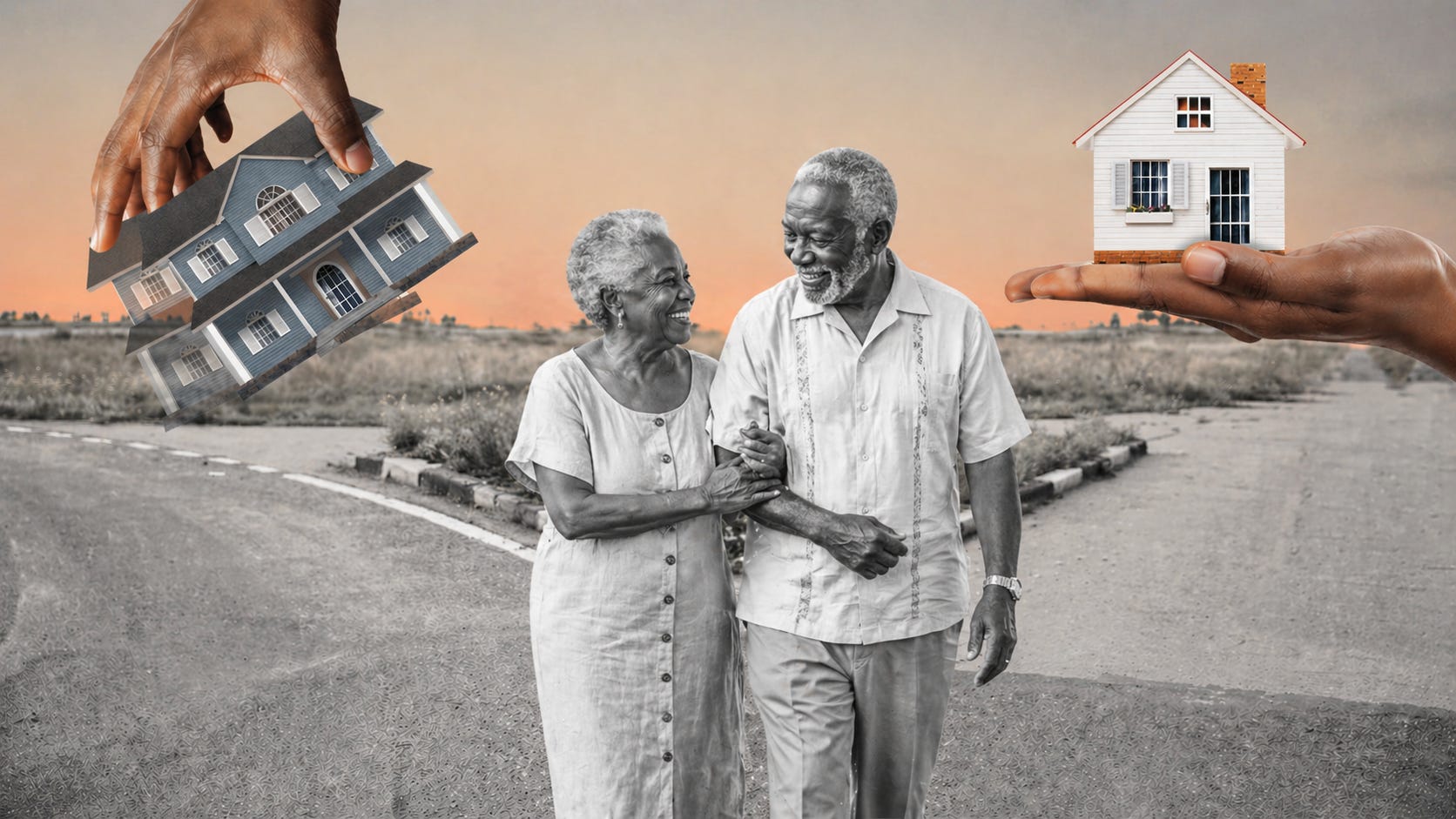 An older Jamaican couple walks forward together, no longer choosing between houses, but between ways of living, a quiet reminder that in retirement, the real decision is not just where to live, but how to live.