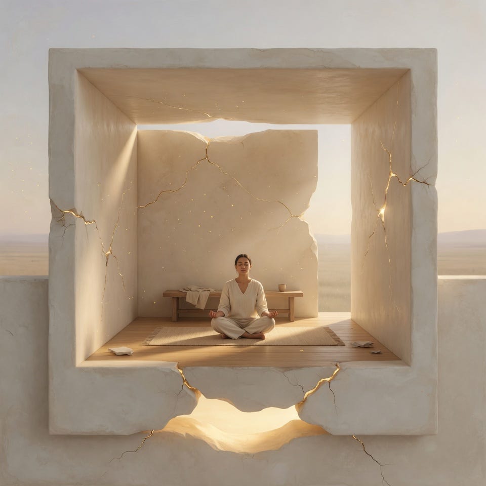 Surreal art of a person meditating inside a small, cracked stone structure with golden veins, floating in a vast, light-filled void.