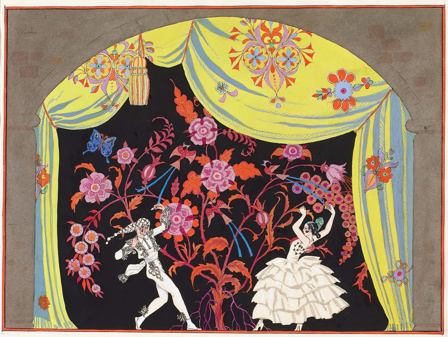 Colorful artwork depicting two dancers in flamenco dress on a stage adorned with flowers and a vibrant yellow and blue curtain Colorful artwork depicting two dancers in flamenco dress on a stage adorned with flowers and a vibrant yellow and blue curtain
