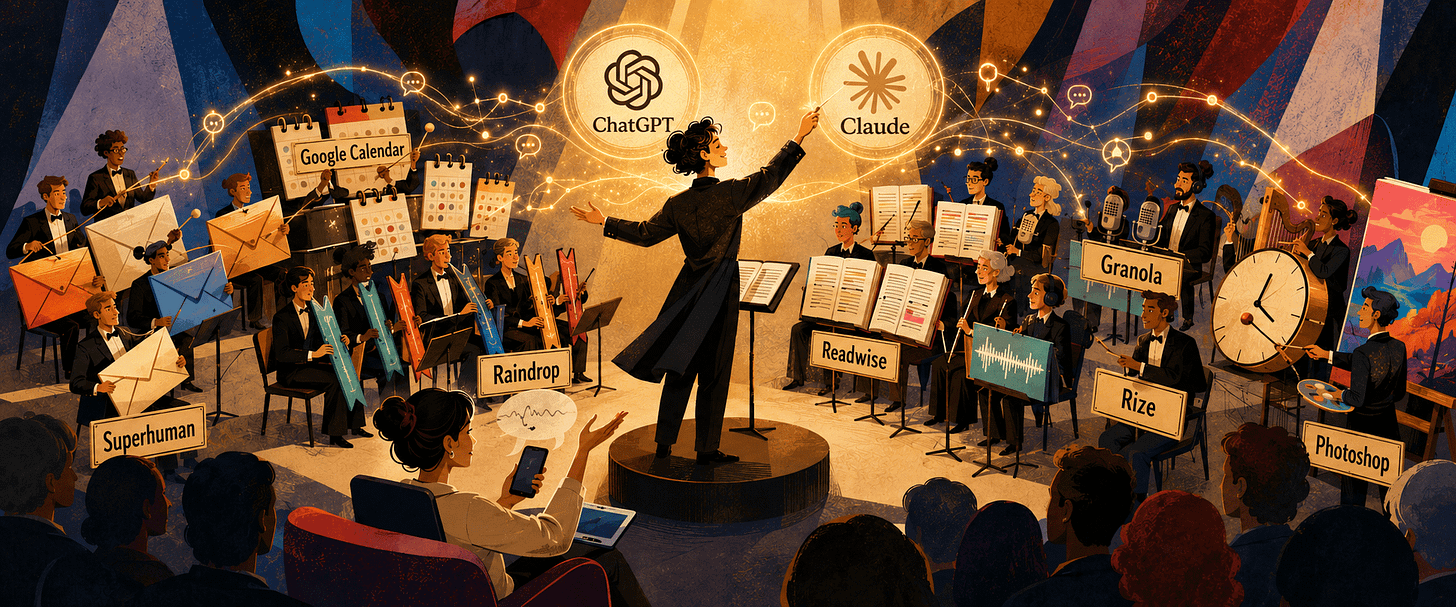 A colorful digital illustration depicting an orchestral conductor on a podium leading an ensemble where the musicians represent various digital applications—such as Superhuman, Google Calendar, Raindrop, Readwise, Granola, Rize, and Photoshop—with floating glowing icons for ChatGPT and Claude orchestrating above. alt-text generated with Gemini assistance. A colorful digital illustration depicting an orchestral conductor on a podium leading an ensemble where the musicians represent various digital applications—such as Superhuman, Google Calendar, Raindrop, Readwise, Granola, Rize, and Photoshop—with floating glowing icons for ChatGPT and Claude orchestrating above. alt-text generated with Gemini assistance.