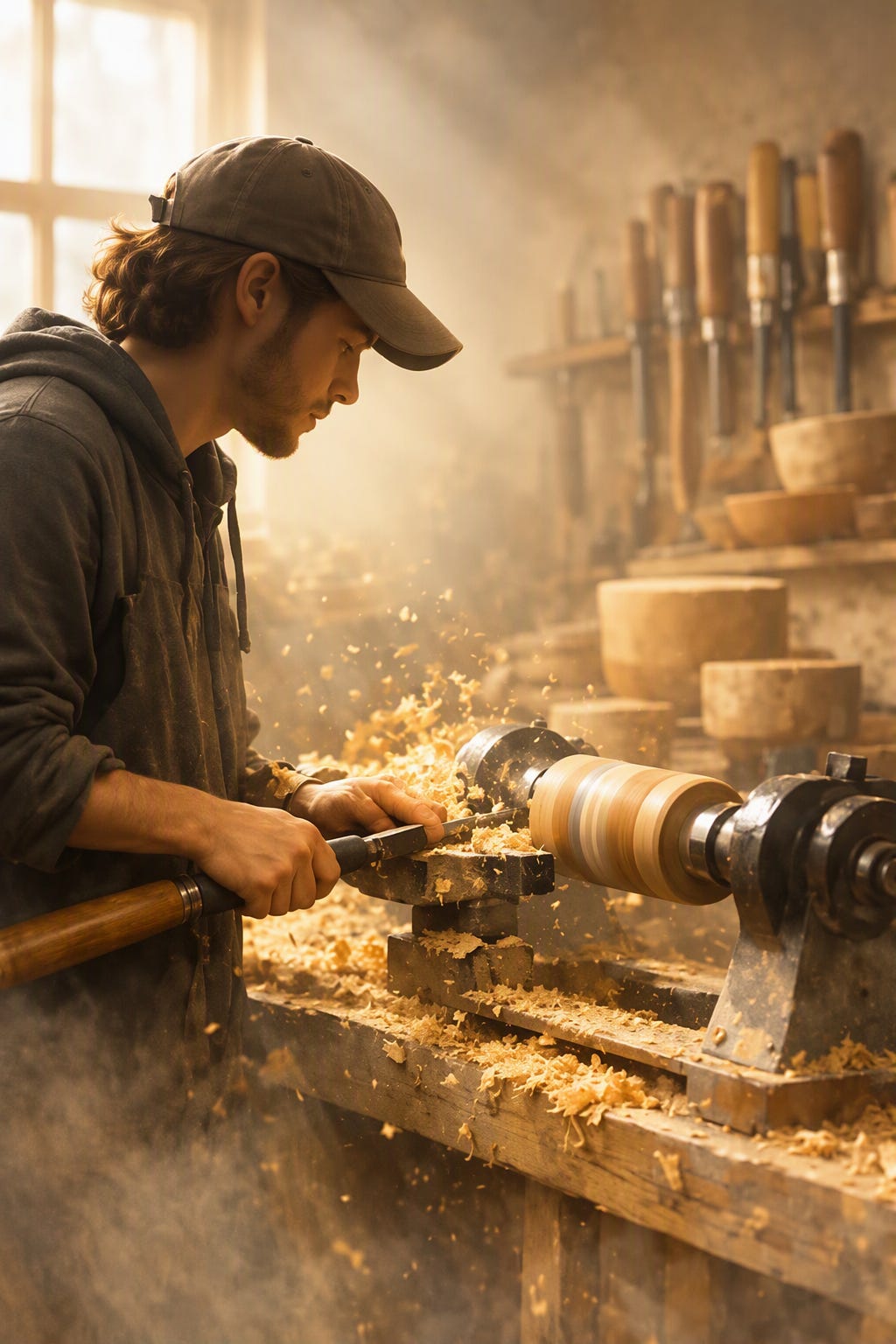 un tourneur sur bois travaille dans son atelier dans les copeau de bois un tourneur sur bois travaille dans son atelier dans les copeau de bois