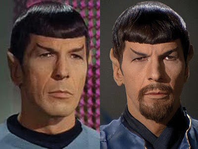 A split-screen comparison of the Star Trek character Spock (normally beardless) and his Mirror Universe alternate, wearing a goatee. A split-screen comparison of the Star Trek character Spock (normally beardless) and his Mirror Universe alternate, wearing a goatee.