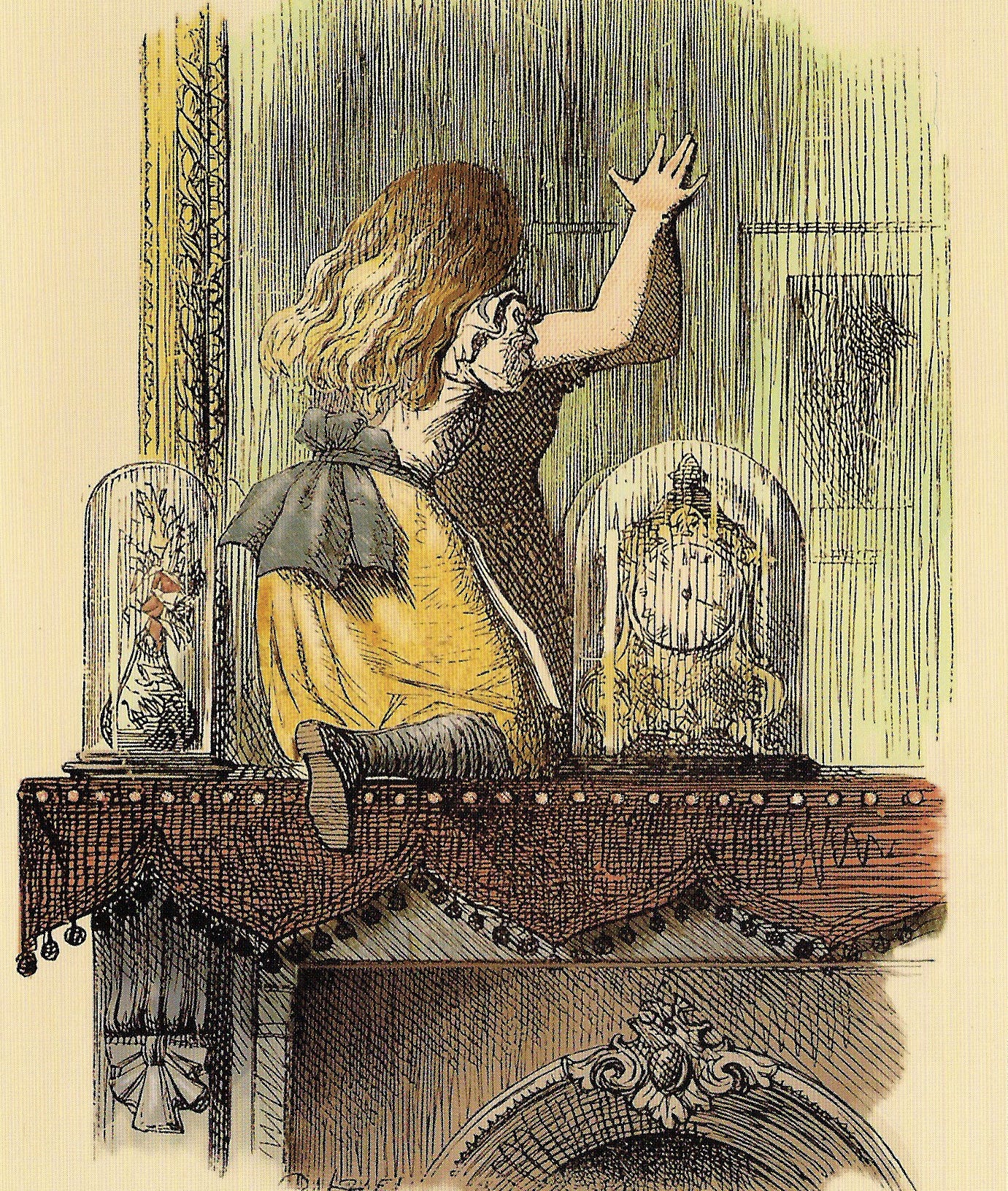 John Tenniel illustration of Alice perched on a mantelpiece and reaching through a mirror into the looking-glass world.