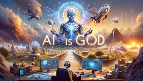 AI-generated image showing space ships and a big alien and people sitting at computer screens. The words "AI is GOD' appear across the image in large letters. 