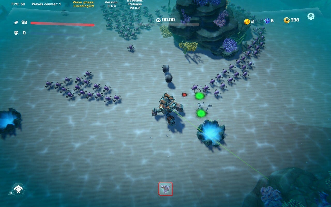 A screenshot of Ocean Keeper with the mech in the center of a group of crab like enemies