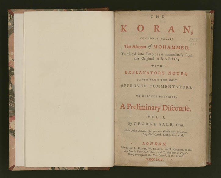 Jefferson's Koran at the Library of Congress. George Sale, trans. (1697–1736). The Koran, Commonly Called the Alcoran of Mohammed, Translated into English Immediately from the Original Arabic; . . . 2 vols. London, 1764. Rare Book and Special Collections Division, Library of Congress. (S. 1457) (27.00.00) Jefferson's Koran at the Library of Congress. George Sale, trans. (1697–1736). The Koran, Commonly Called the Alcoran of Mohammed, Translated into English Immediately from the Original Arabic; . . . 2 vols. London, 1764. Rare Book and Special Collections Division, Library of Congress. (S. 1457) (27.00.00)