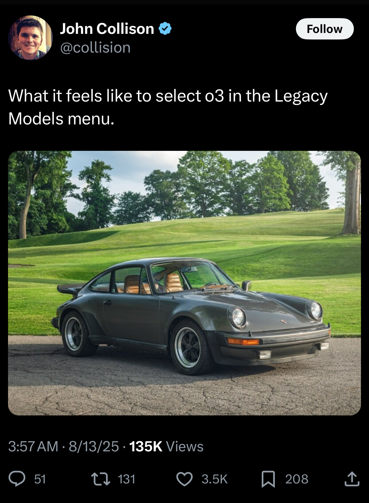 John Collison tweet with Porsche 911 photo: "What it feels like to select o3 in the Legacy Models menu."
