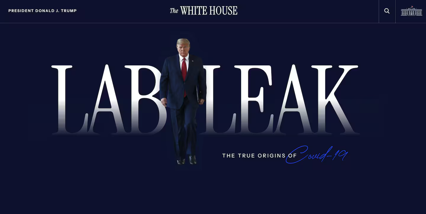header of white house covid page says LAB LEAK with donald trump in the middle of the words