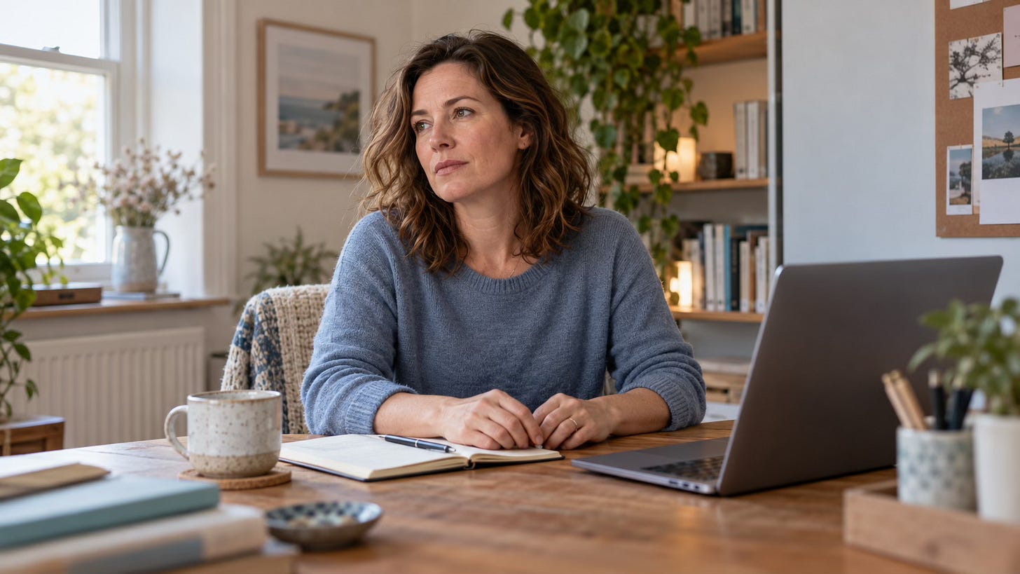 Woman seated at a home-office desk, looking away from an open laptop with her hands resting beside a notebook.