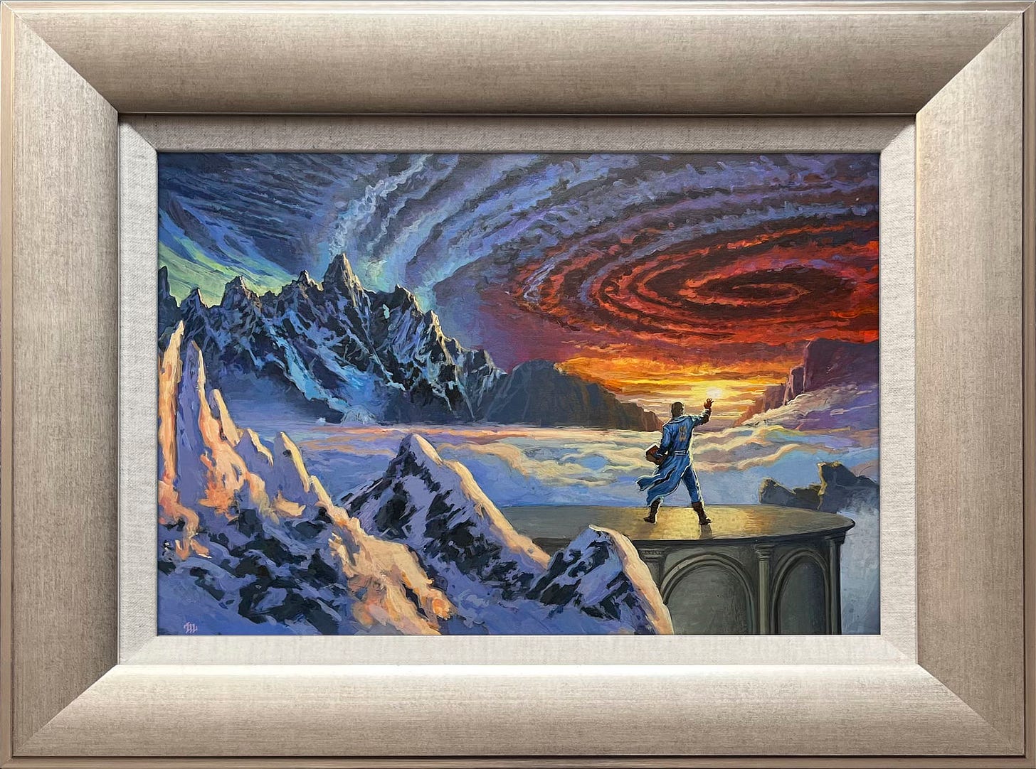 FOR THE GOOD OF ALL ROSHAR (2024), Acrylic - 10” x 15”. Preliminary concept for WIND AND TRUTH. Original art framed in gold moulding with linen liner.  Dalinar stands atop the tower of Urithiru with his hand thrust out toward a massive storm that forms a tight spiral of red clouds that unwind to blue as the spiral loosens. In the sky below the storm, clouds seem to unravel in loose waves to a warm yellow sunset. Ice forms on the top of the tower, the surface shining as it catches light. Below the roof, thin columns form a ring around the tower. The ridge intersects the tower in the foreground left. 