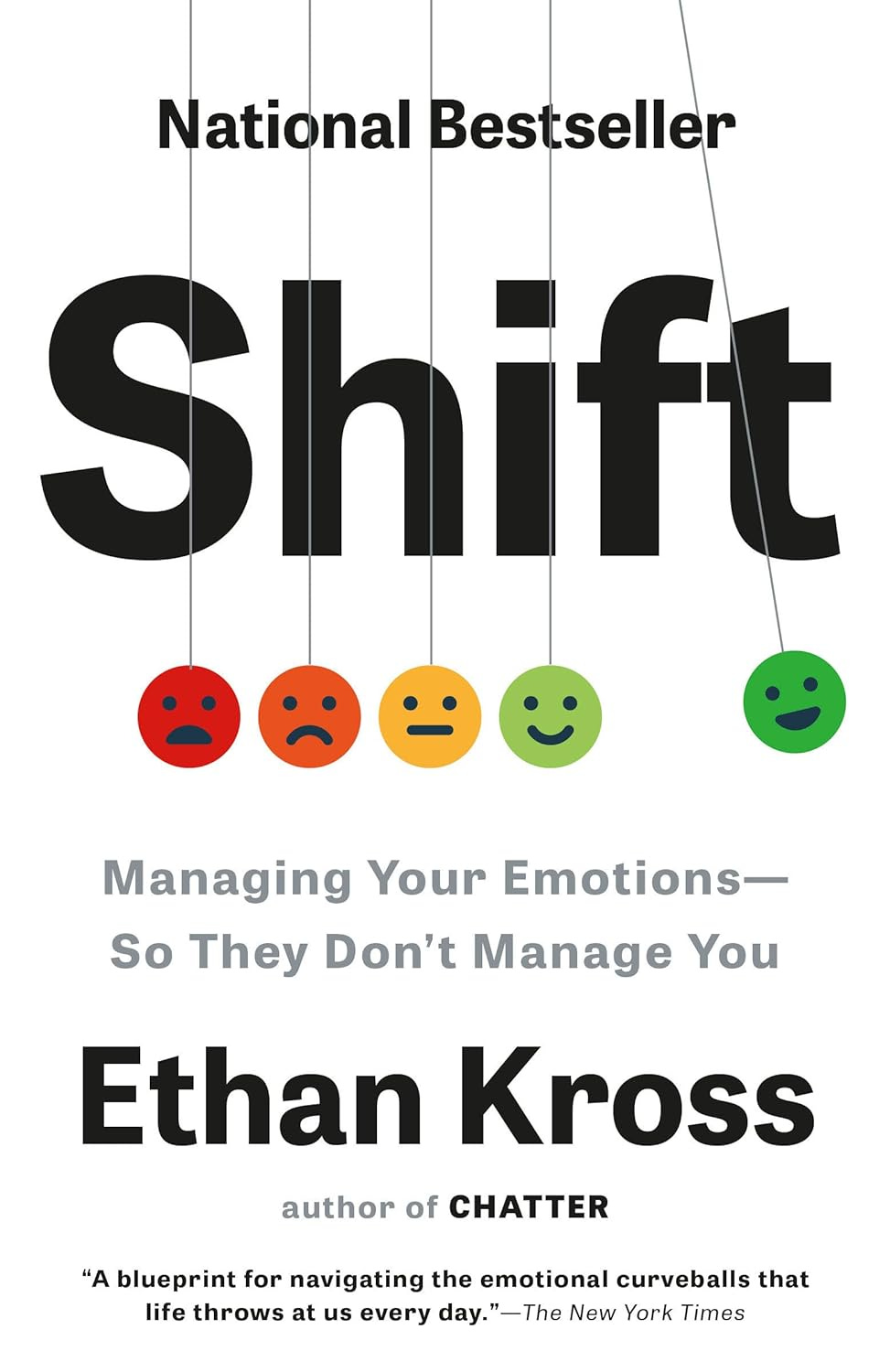 Book cover of "Shift" by Ethan Kross, featuring five emoticon faces ranging from sad to happy, with the subtitle "Managing Your Emotions—So They Don’t Manage You.