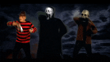 freddy krueger scream and jason voorhees are standing next to each other holding knives freddy krueger scream and jason voorhees are standing next to each other holding knives